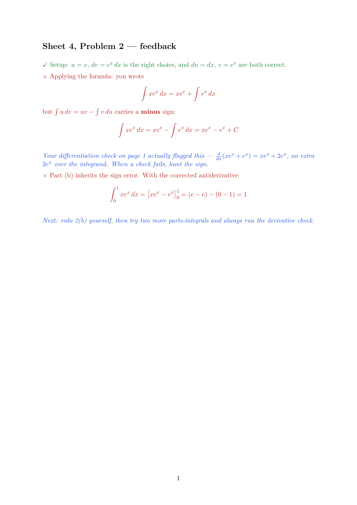 The typeset feedback page that comes back, with the sign error marked.