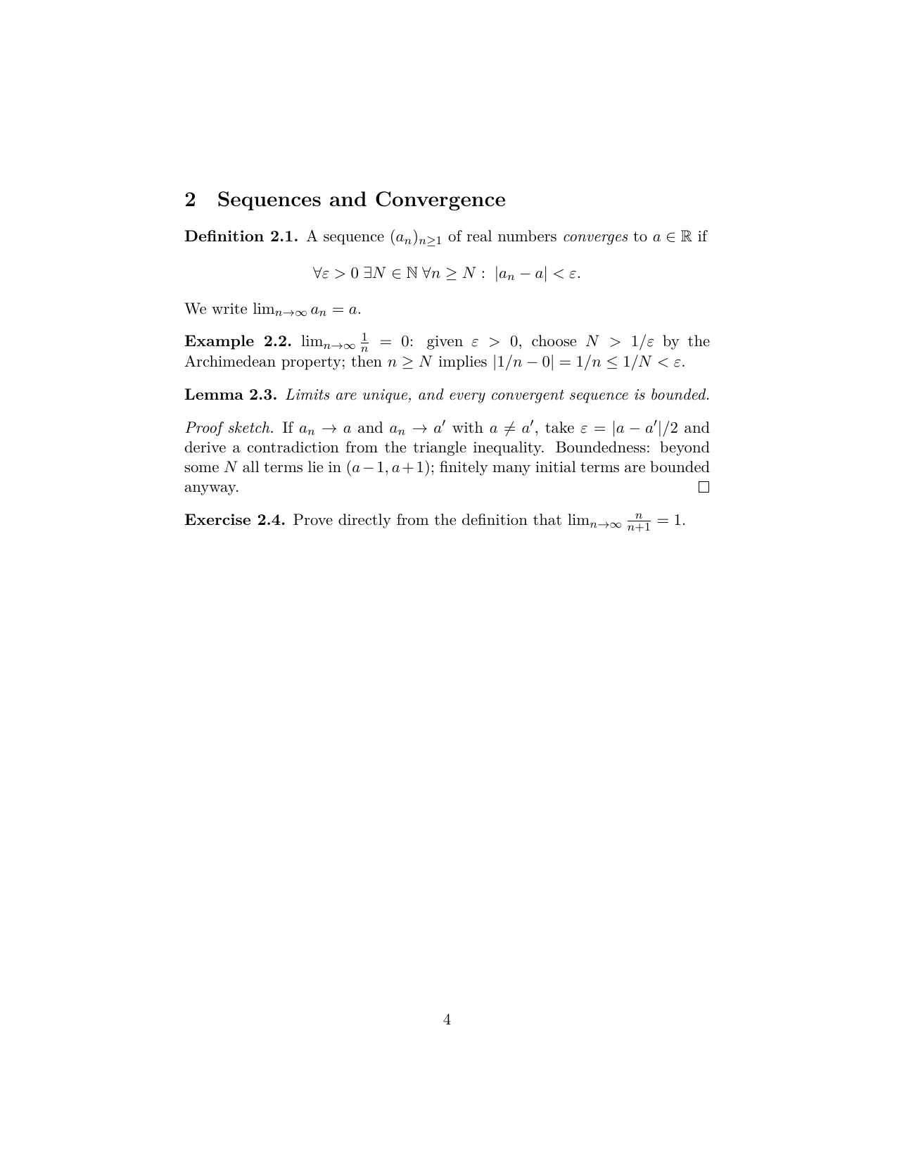 A page of typeset lecture notes: the section on sequences and convergence, with the definition of a limit.